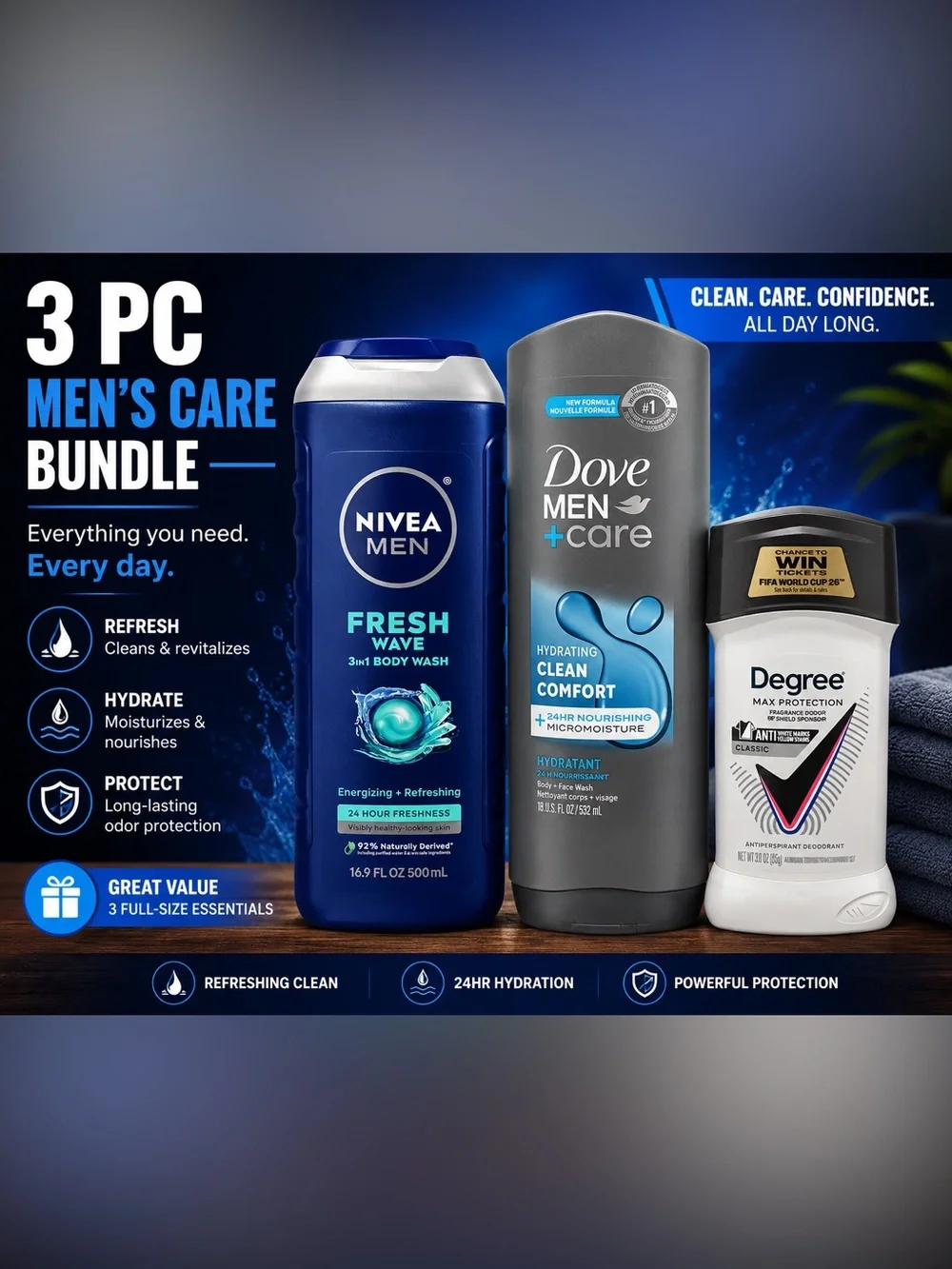 3pc men’s bundle 1 hair & body wash 1 body wash & 1 deodorant